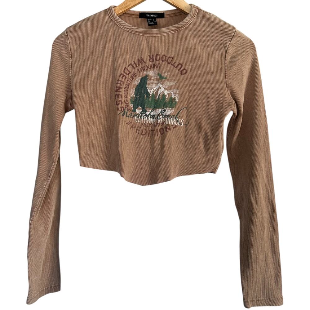 Forever 21 Cropped Ribbed Long Sleeve Graphic Top Size L Brown Nature Print